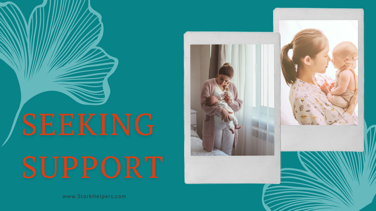 Two pictures of mothers holding their babies. Text reads "seeking support."